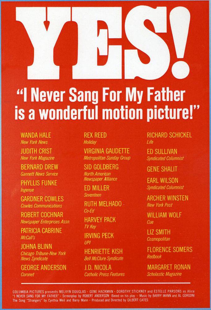 Я никогда не пел отцу / I Never Sang for My Father (1970) отзывы. Рецензии. Новости кино. Актеры фильма Я никогда не пел отцу. Отзывы о фильме Я никогда не пел отцу